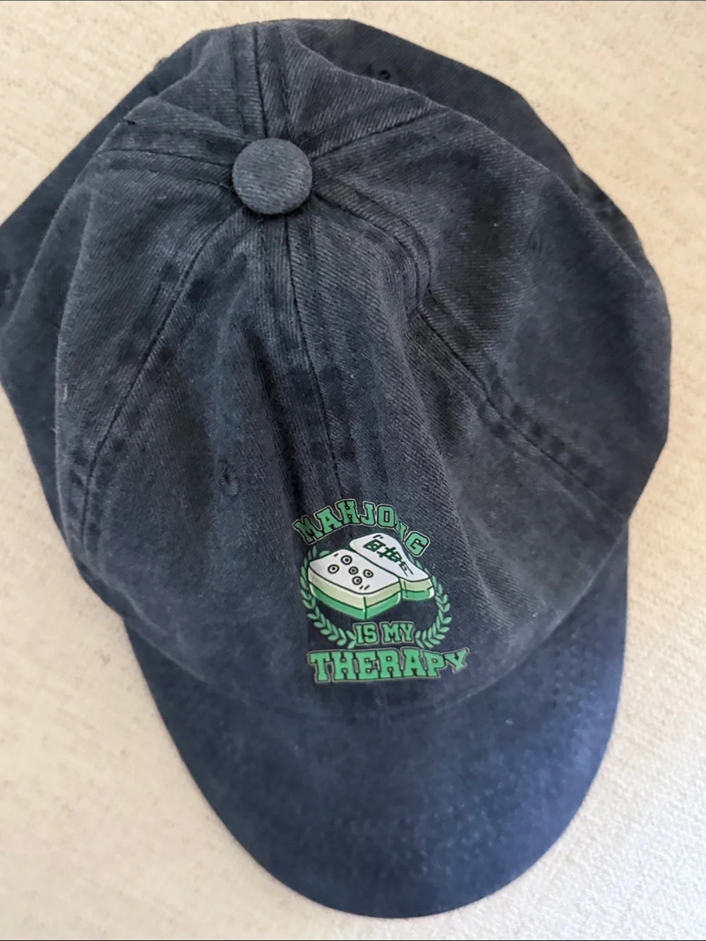 “Mahjong Is My Therapy” Blue Baseball Cap with Green Graphic